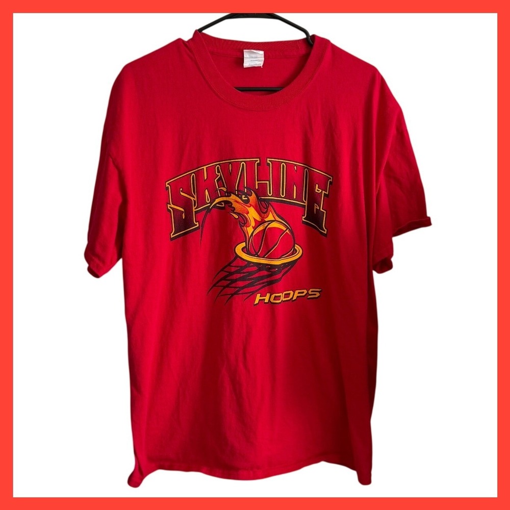 Port & Company Skyline Hoops Basketball Flaming Graphic T-Shirt Red Mens XL